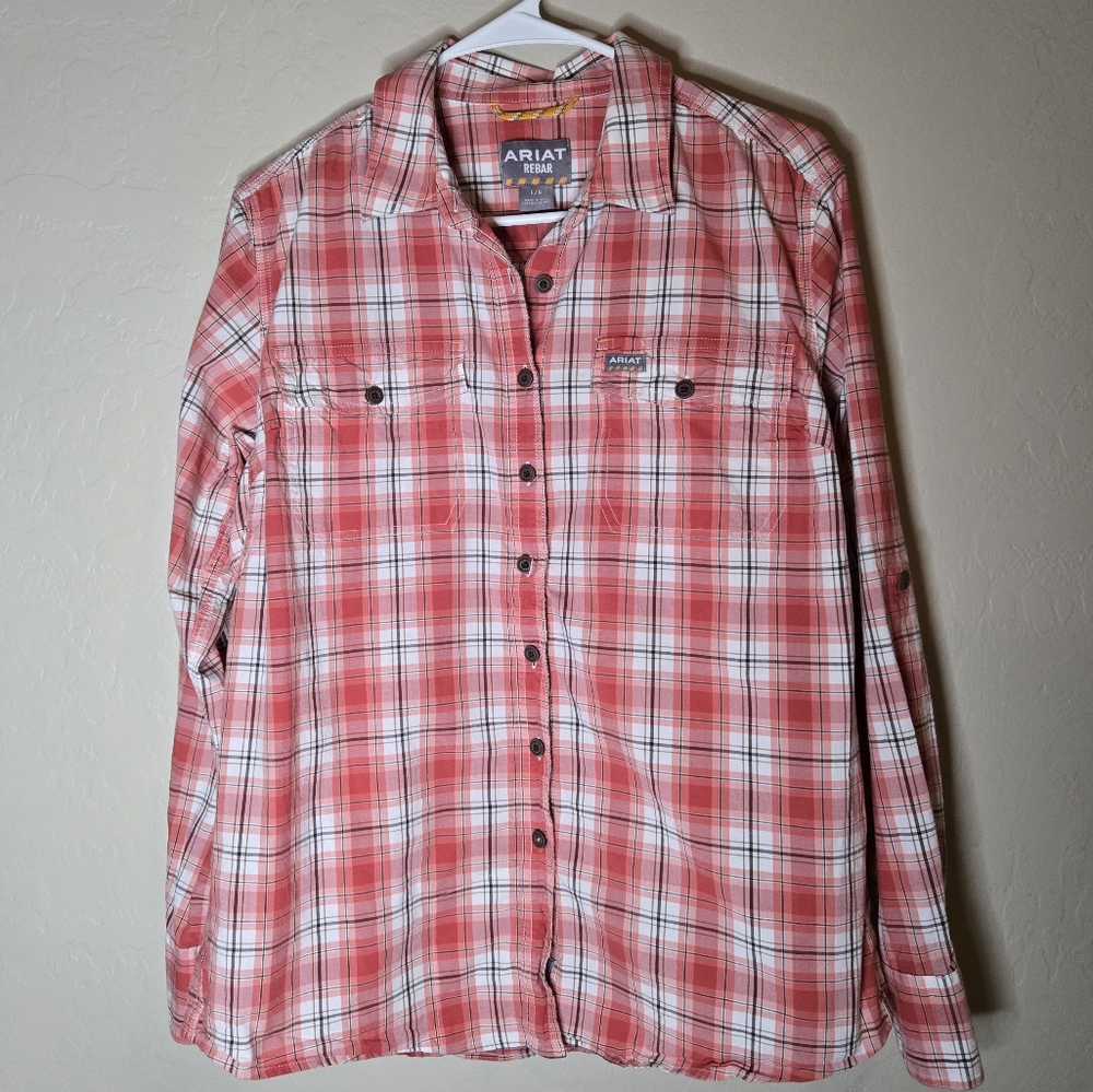 Ariat Women’s Plaid Button Up Shirt Coral Pink White Western Cowgirl Rodeo